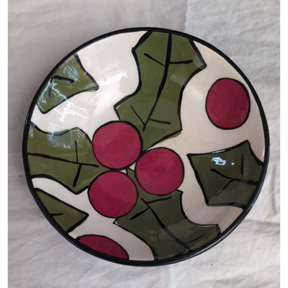 Julie Fjell Designs Christmas Holly bowl artist signed ceramic hand painted 6"